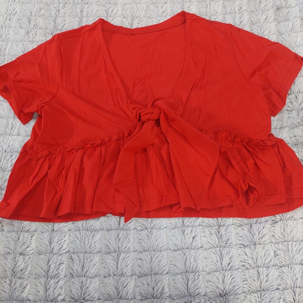 Short sleeve peplum top with tie small red
